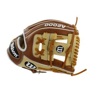 Side view of a brown and tan baseball glove with Wilson and A2000 branding.
