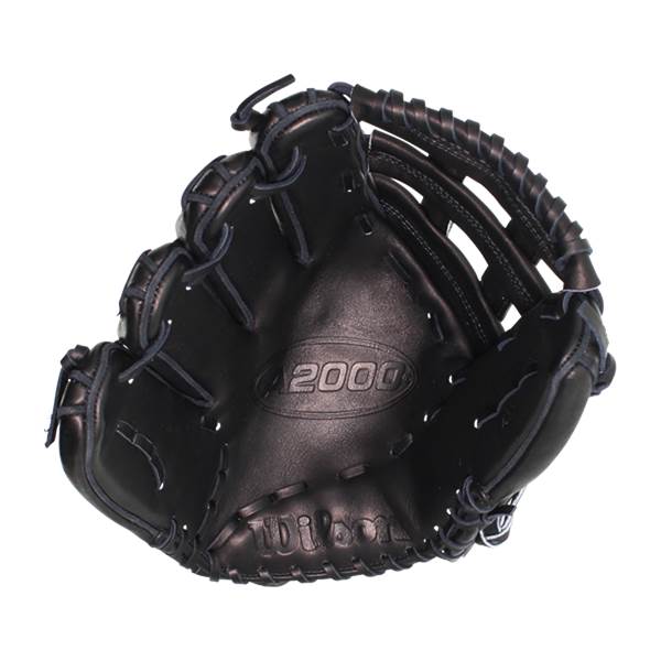 Top-down view of a black baseball glove with 2000 and Wilson branding.