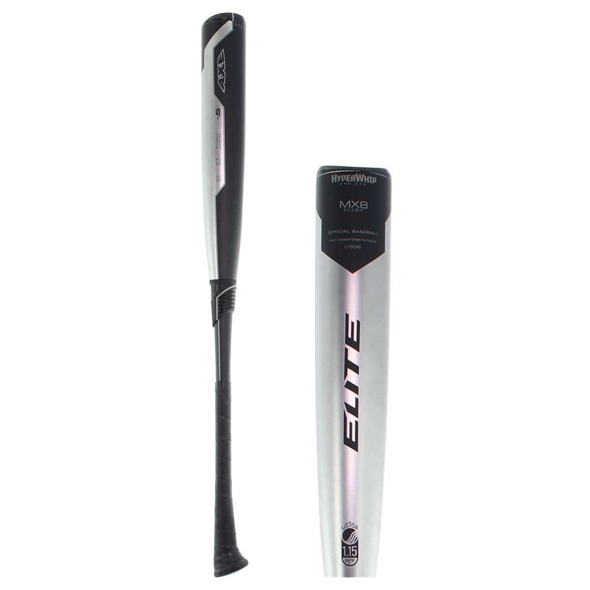 Side view of a silver and black baseball bat with ELITE and HyperWhip MXB text.