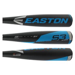 Three views of a black Easton S3 baseball bat with blue accents and S3 SPEED text.