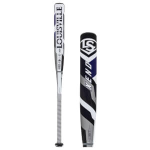Side view of a white, black, and purple fastpitch softball bat with LOUISVILLE on the handle and a separate view of the XENO barrel design.