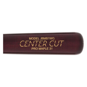 Side view of a dark wood baseball bat with gold lettering CENTER CUT and PRO MAPLE 31.