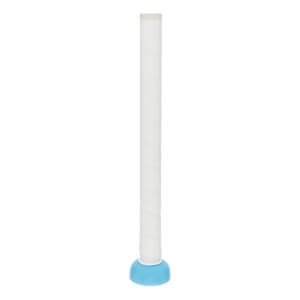 Side view of a white bat handle with spiraled grip tape and a light blue rounded knob.