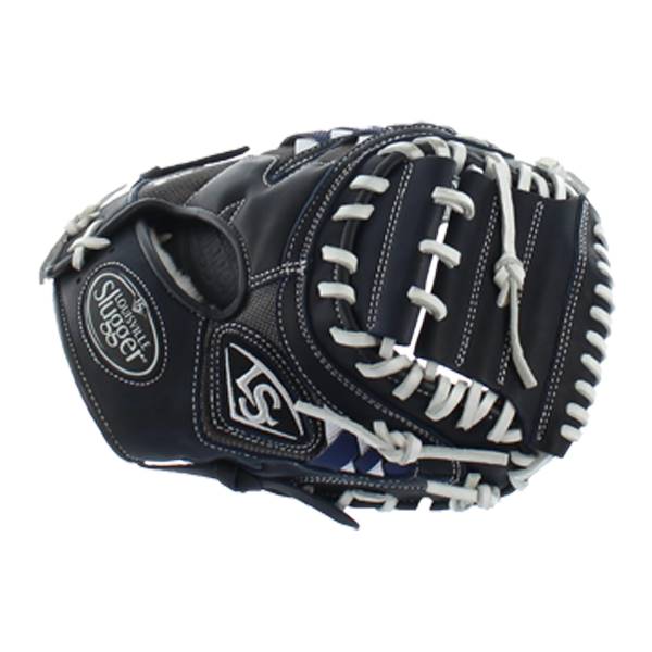 Side view of a black Louisville Slugger baseball glove with white lacing and LS logo.