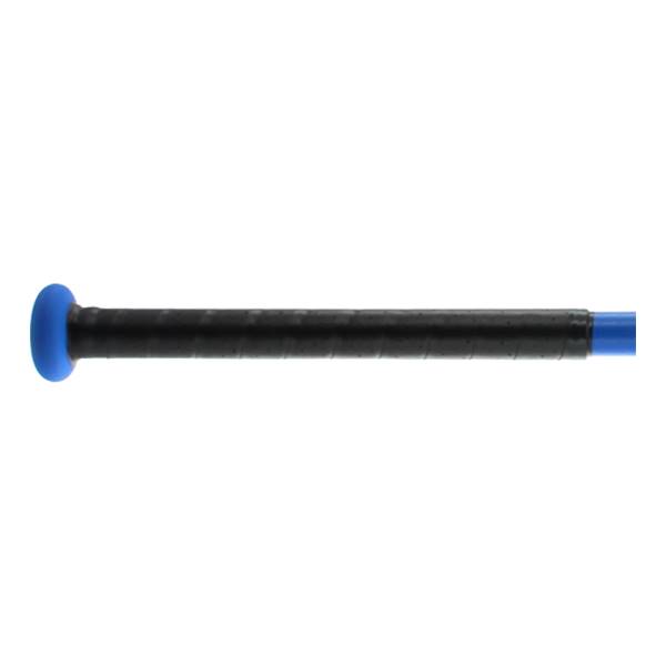 Side view of a blue and black softball bat with a textured black grip.
