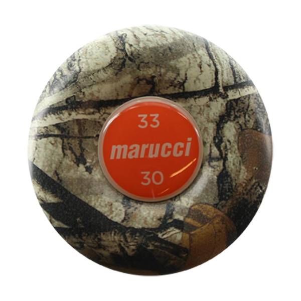 Top-down view of a camouflage baseball bat with an orange end cap showing 33 marucci 30.