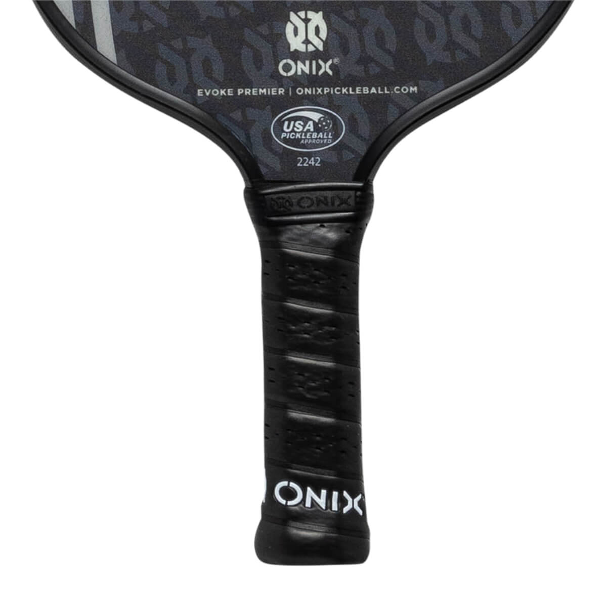 Close-up of a black pickleball paddle grip with ONIX branding and USA Pickleball Approved logo.