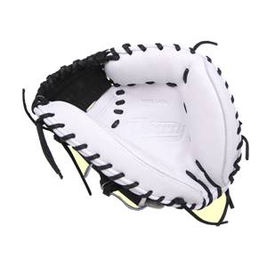 Top-down view of a white catchers mitt with black lacing and a Worth logo.