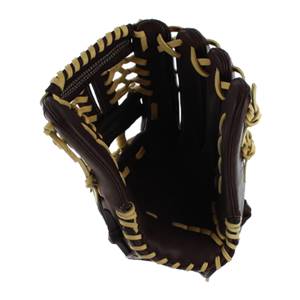 Top-down view of a brown baseball glove with tan lacing and a deep pocket.