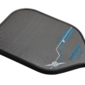 Corner view of a black pickleball paddle with carbon fiber texture, blue text, and a circular logo.