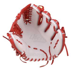 Top-down view of a scarlet and white baseball glove with red lacing and WORTH text.