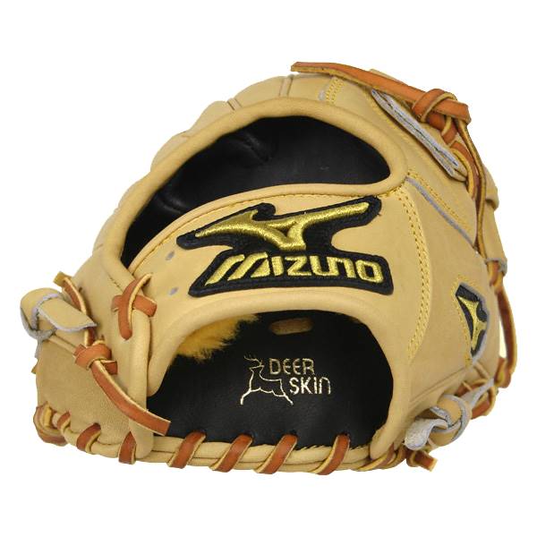 Front view of a tan baseball glove with a black palm featuring DEER SKIN text and a gold Mizuno logo.