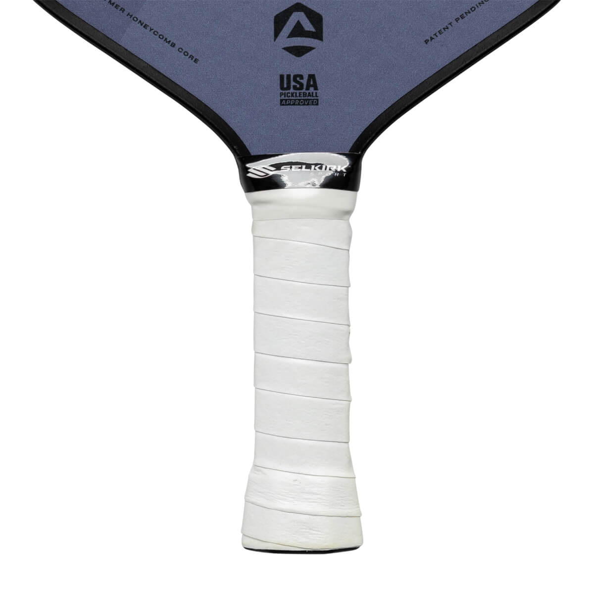 Top-down view of a blue pickleball paddle with a white grip, Selkirk logo, and USA Pickleball Approved text.