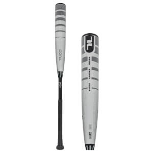 Full vertical and close-up views of the silver and grey striped Tucci Torino bat featuring prominent TORINO, TUCCI, and BBCOR .50 markings.