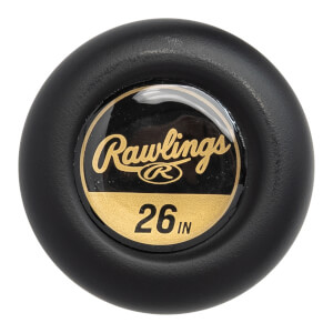 End cap view of a black baseball bat with Rawlings logo and 26 IN marking.