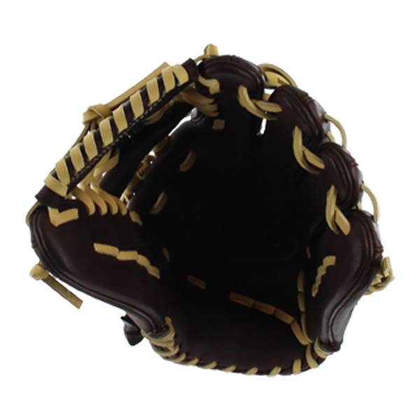 Top-down view of a brown baseball glove with tan lacing and a deep pocket.
