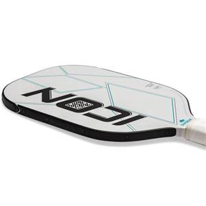 Side view of a white pickleball paddle with black ICON text and teal geometric lines.