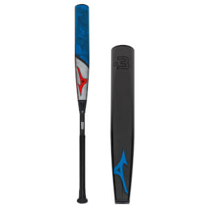 Front view of a blue patterned baseball bat with a silver mid-section and red Mizuno logo, next to a black bat sleeve with a blue logo.