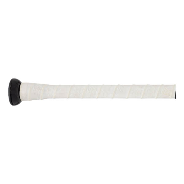 Side view of a white baseball bat grip with a black knob and textured pattern.