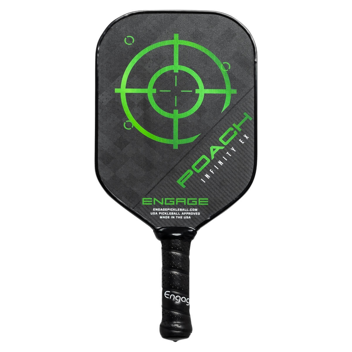 Front view of a black pickleball paddle with a green target, POACH INFINITY EX text, and ENGAGE logo.