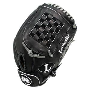 Top-down view of a black Louisville Slugger fastpitch glove with a checkered web and L logo.