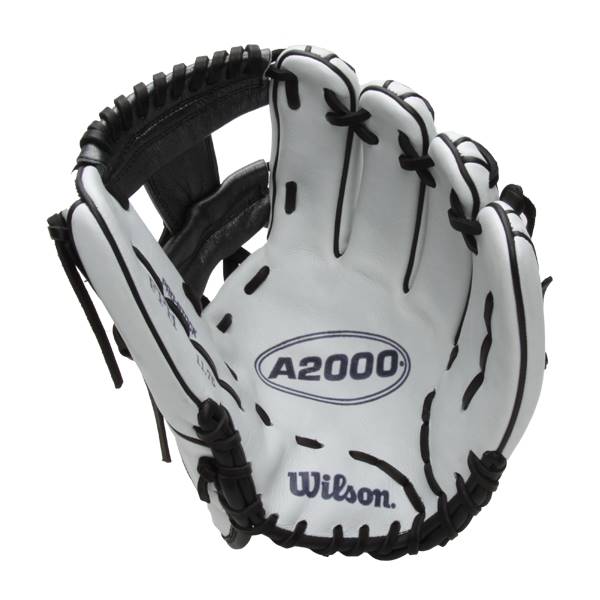 Front view of a white Wilson A2000 fastpitch glove with black lacing and A2000 branding.