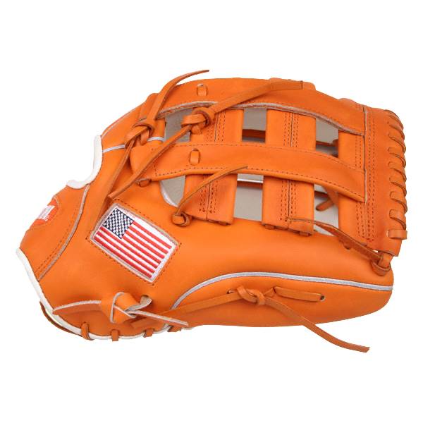 Side view of an orange baseball glove with an American flag patch and white trim.