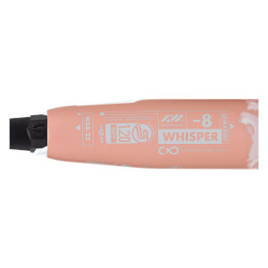 Close-up of a peach fastpitch softball bat with WHISPER -8, DeMarini branding, and USSSA stamp.