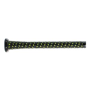 Side view of a black baseball bat with a black and neon green patterned grip.