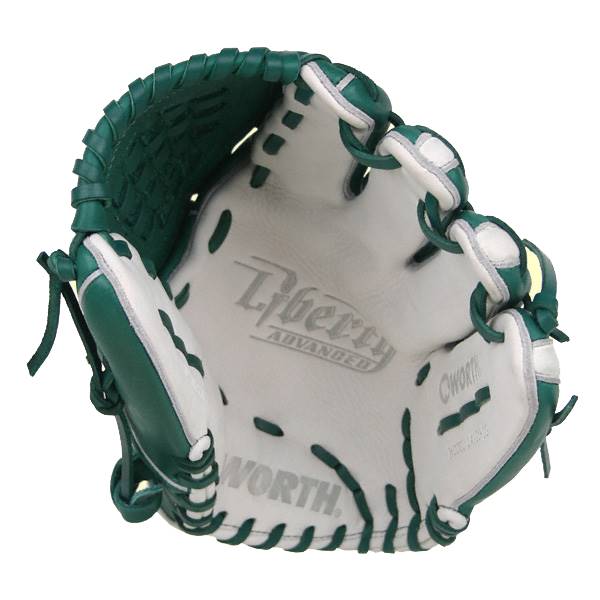 Top-down view of a green and white baseball glove with Liberty Advanced and WORTH branding.