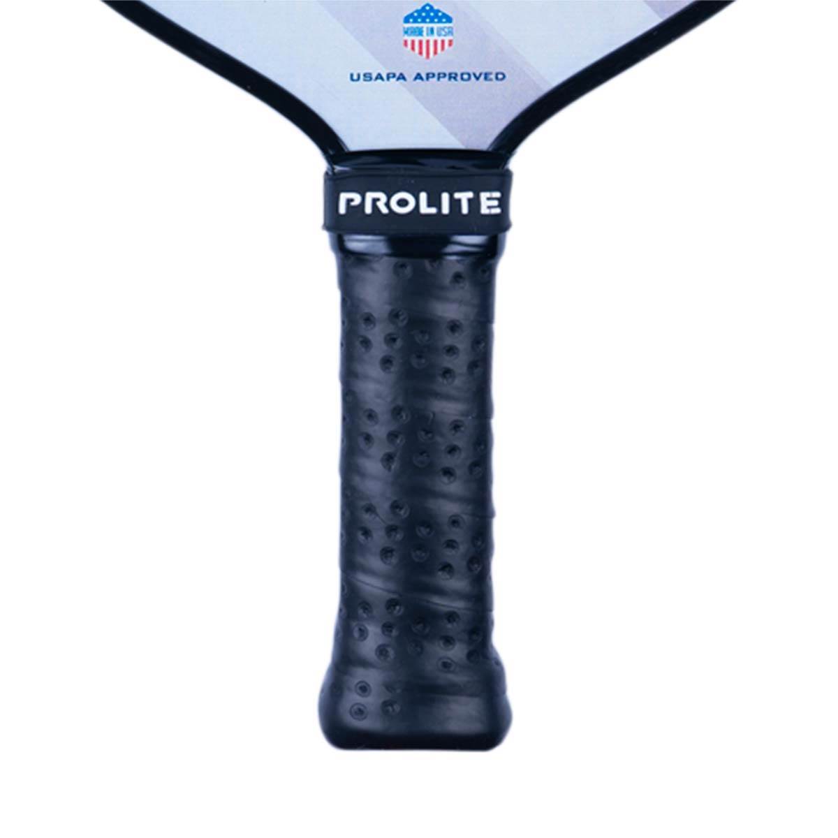 Close-up of a black pickleball paddle grip with a perforated texture and PROLITE branding.