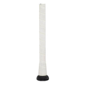 Side view of a white baseball bat grip with a black knob and embossed pattern.