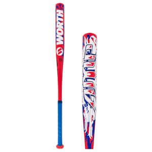 Full side view of a red softball bat with a blue grip and WORTH on the handle, and a close-up of the AMP barrel.