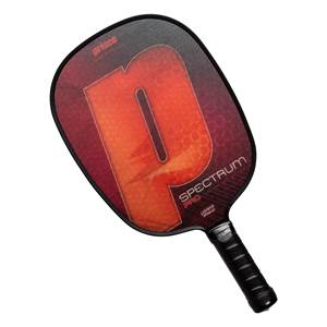 Top-down view of a red and orange pickleball paddle with a large P graphic, Spectrum Pro text, and a black grip.