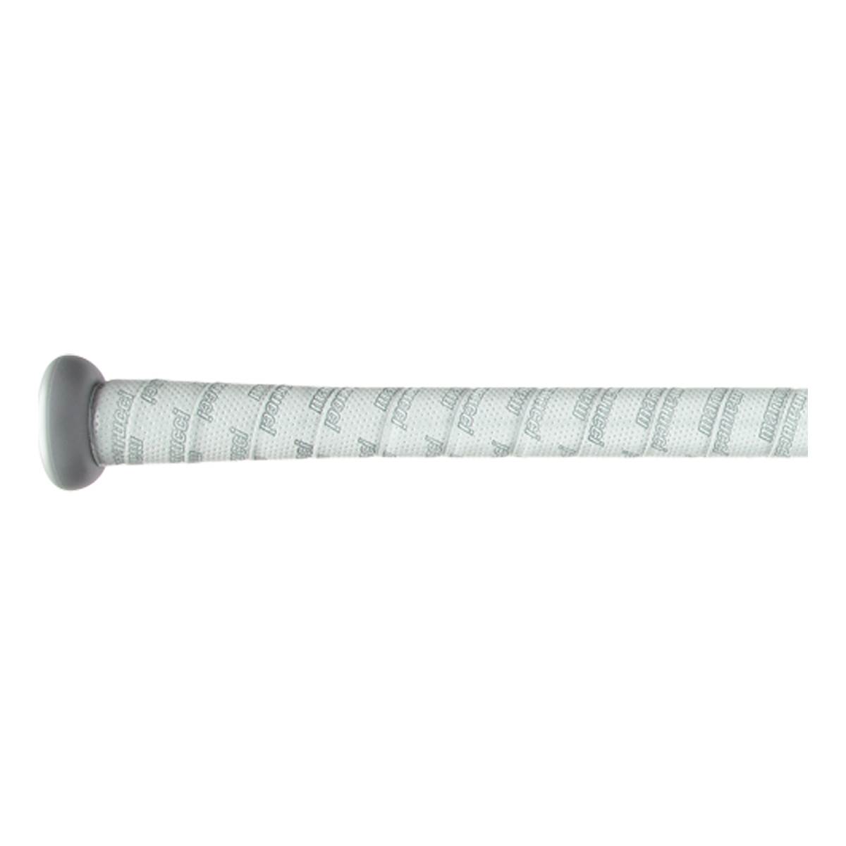 Side view of a gray baseball bat with a white grip featuring repeating Marucci text.