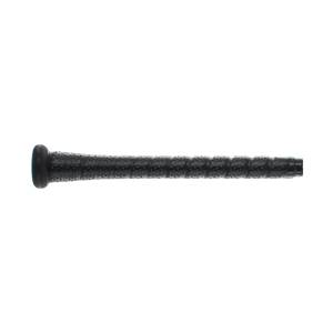 Side view of a black baseball bat grip with a perforated texture.