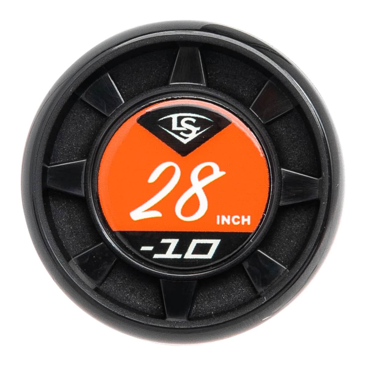 End view of a black baseball bat with orange and white LS logo, 28 INCH, and -10 markings.