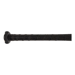 Side view of a black baseball bat with a textured grip and black end cap.