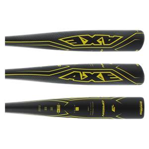 Bottom view of a black baseball bat with yellow AXE branding, ORIGIN text, and HYPERWHIP label.