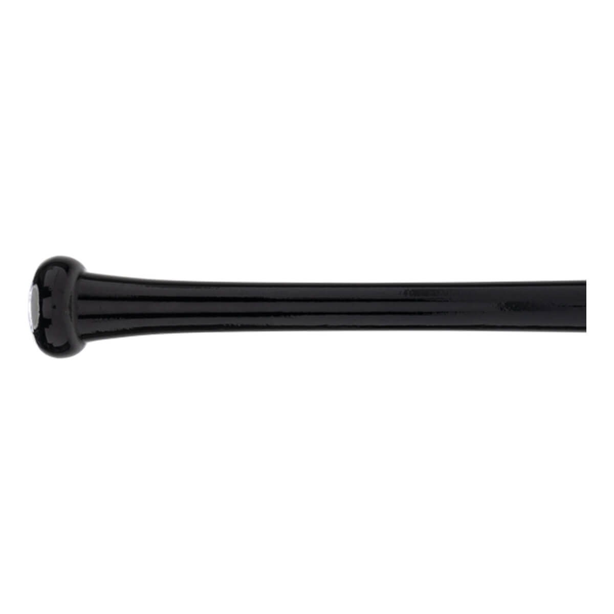 Close-up of a black baseball bat handle with a glossy finish, a flared knob, and a white end cap detail.