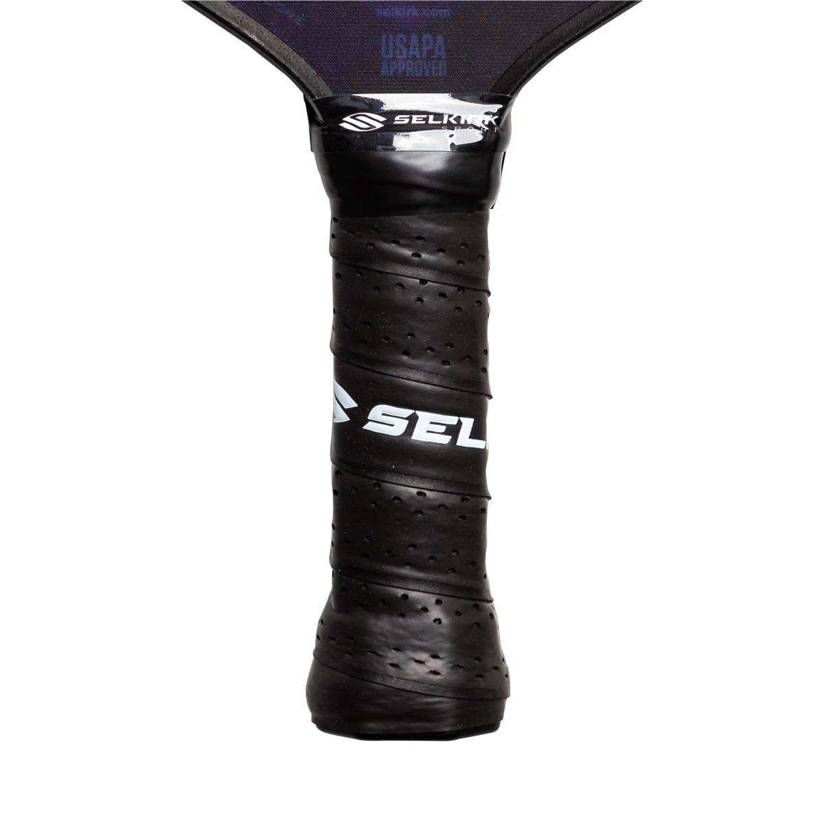 Close-up of a black pickleball paddle grip with SEL logo and USAPA APPROVED text.