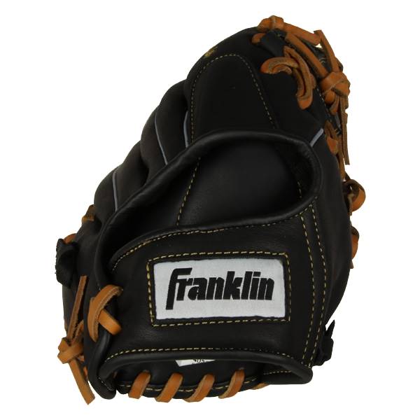 Side view of a black baseball glove with tan lacing and a white Franklin logo.