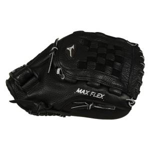 Top-down view of a black baseball glove with a checkered web and MAX FLEX text.