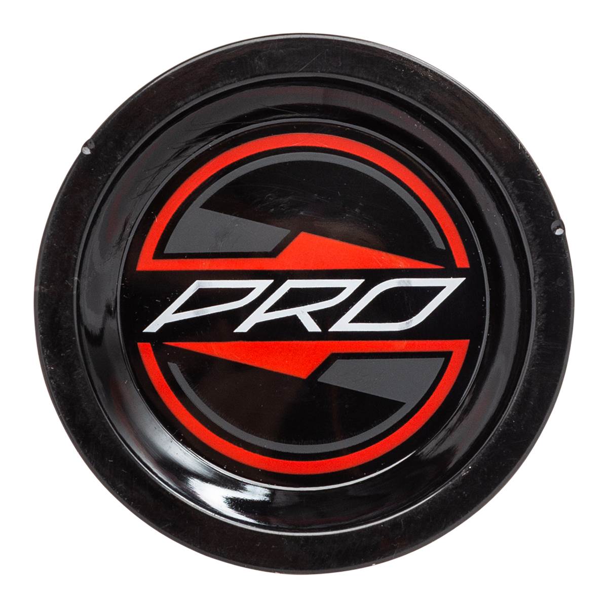 Top-down view of a black baseball bat end cap with red and white PRO branding.