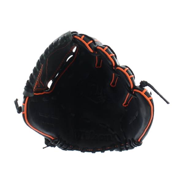 Front view of a black fastpitch glove with orange stitching and a Wilson logo.