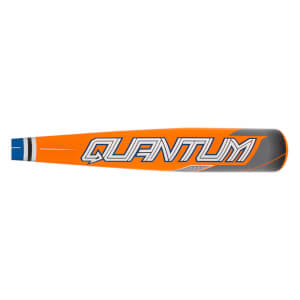 Side view of an orange baseball bat with QUANTUM in white and blue lettering and a gray end cap.