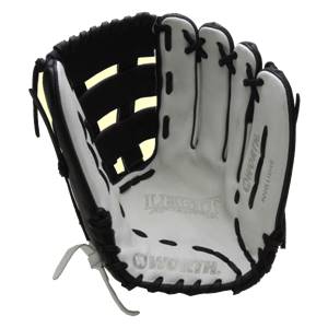 Interior view of a black and white softball glove with LEGIT and WORTH branding.