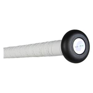 End view of a white slow pitch softball bat with a black knob and 34 in. / 28 oz. text.