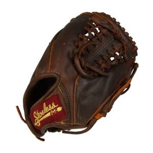 Side view of a brown leather baseball glove with a red Shoeless Joe patch and intricate lacing.