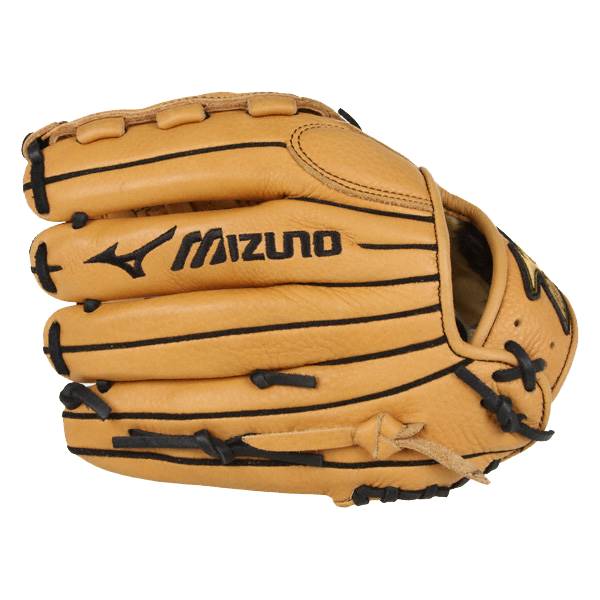 Side view of a tan baseball glove with black Mizuno branding and lacing.